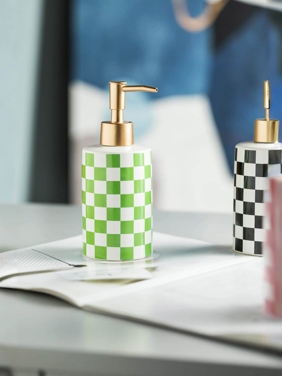 UMAI Green Geometric Printed Stoneware Soap Dispenser
