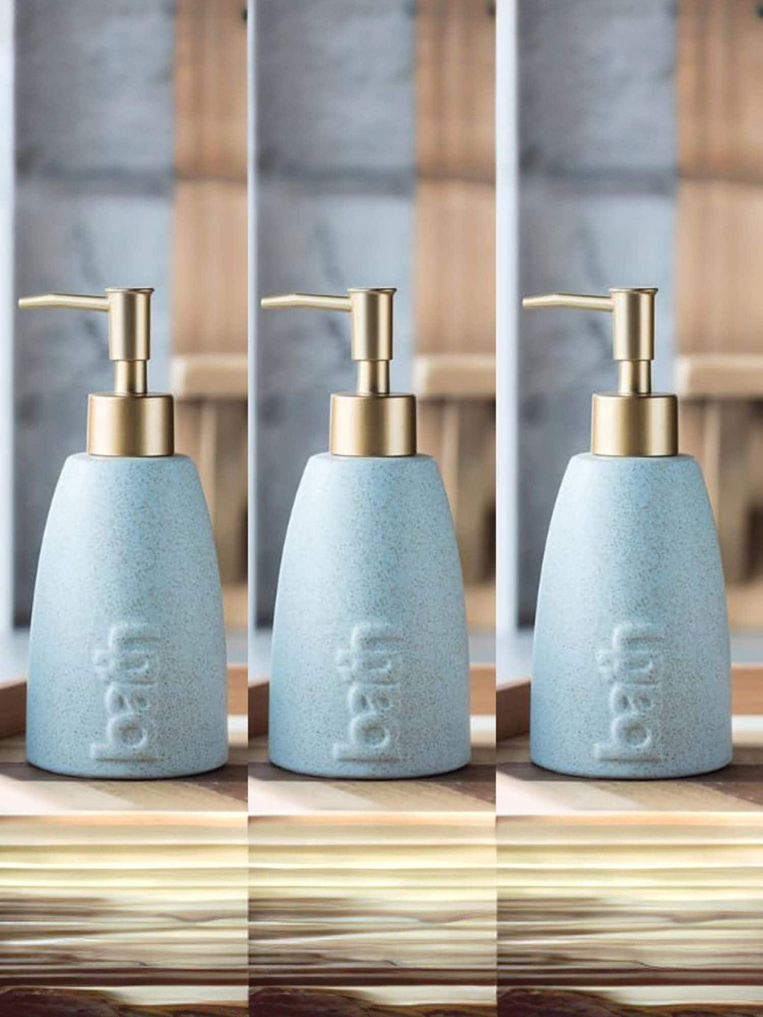 UMAI Blue and GoldToned 3 Pieces Ceramic Liquid Soap Dispenser 320 ml