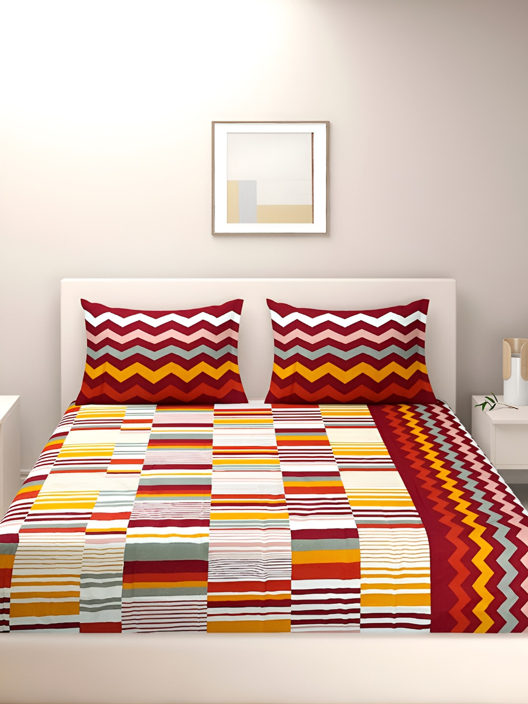 Aura White Geometric Cotton 144 TC King Bedsheet with 2 Pillow Covers-43 x 43 inches