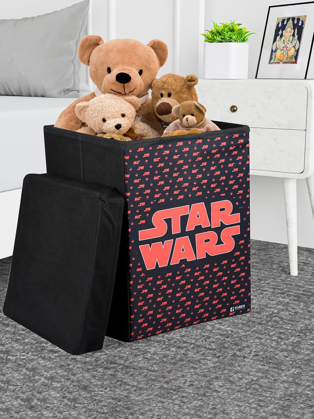 Kuber Industries Black & Red Printed Toy Storage Box with Lid & Handles