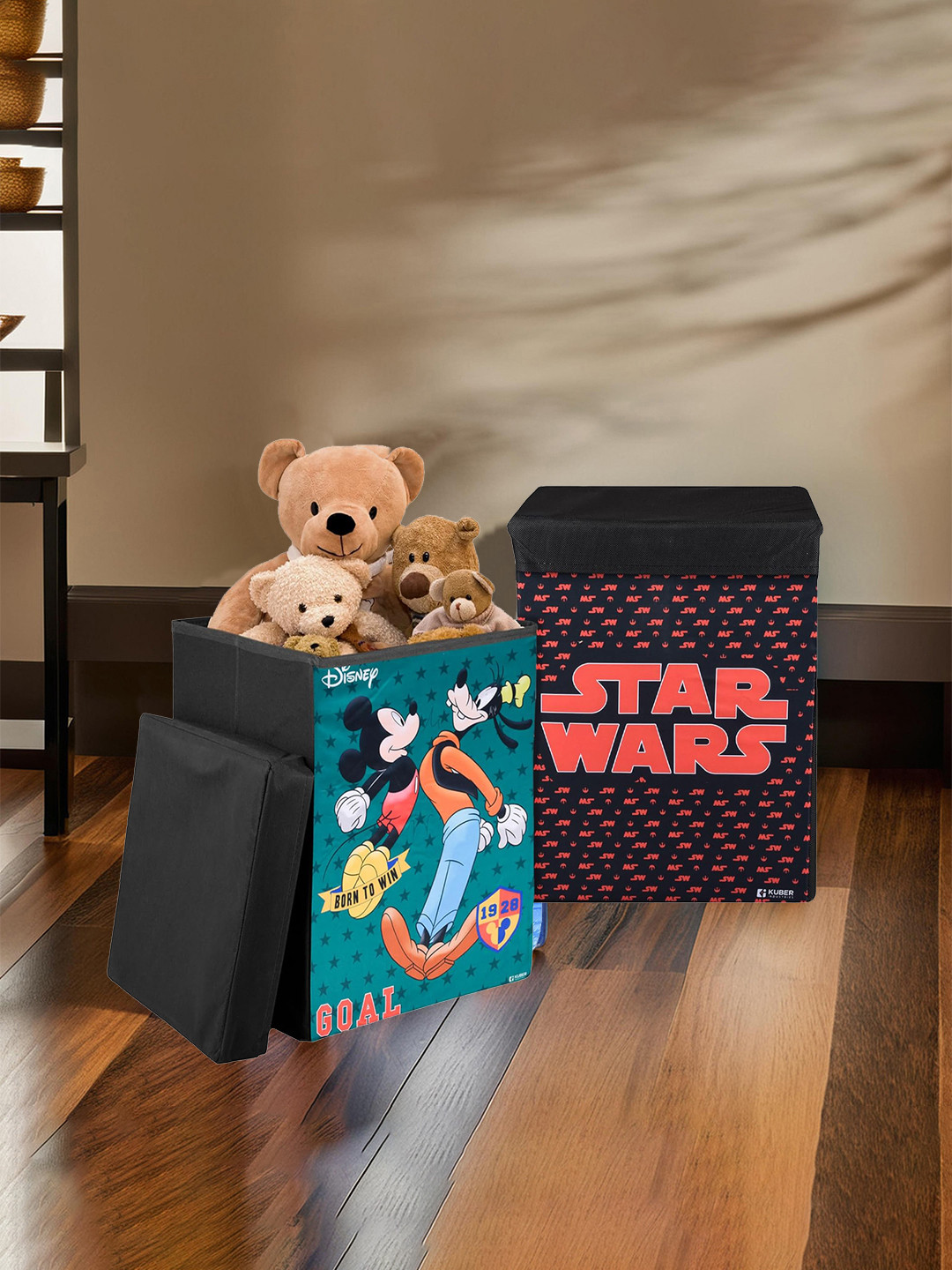 Kuber Industries Black & Green 2 Pcs Printed Toy Storage Box with Lid & Handles - 60Ltr