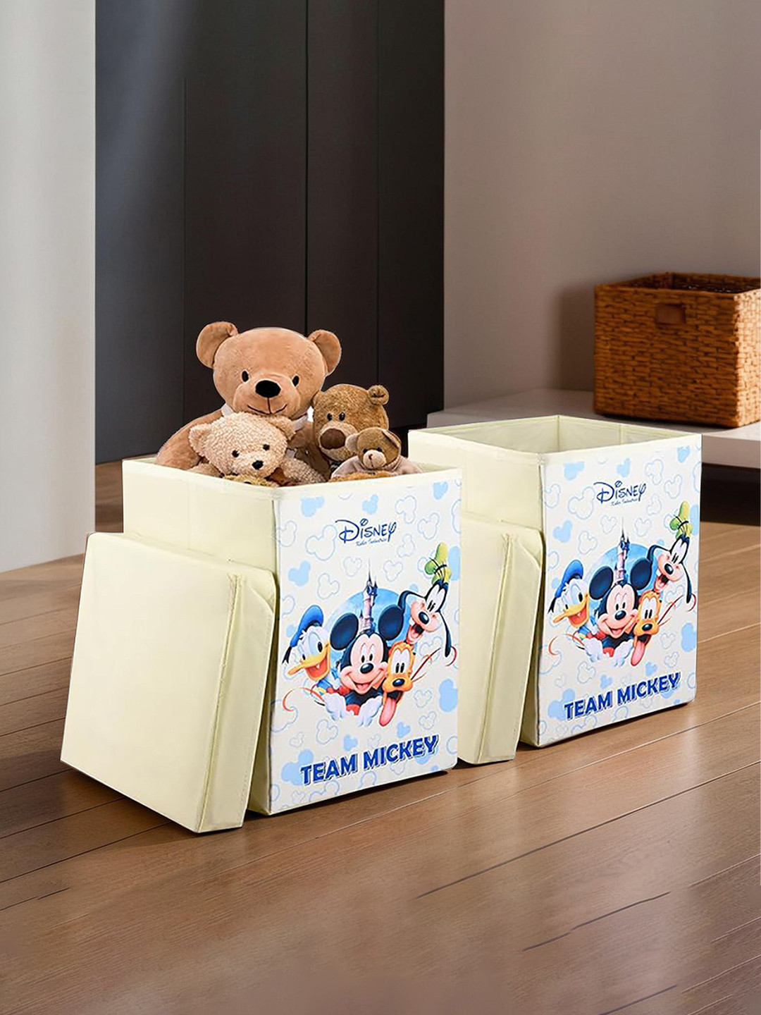 Kuber Industries Cream & White 2 Pcs Disney Printed Toy Storage Box with Lid & Handles