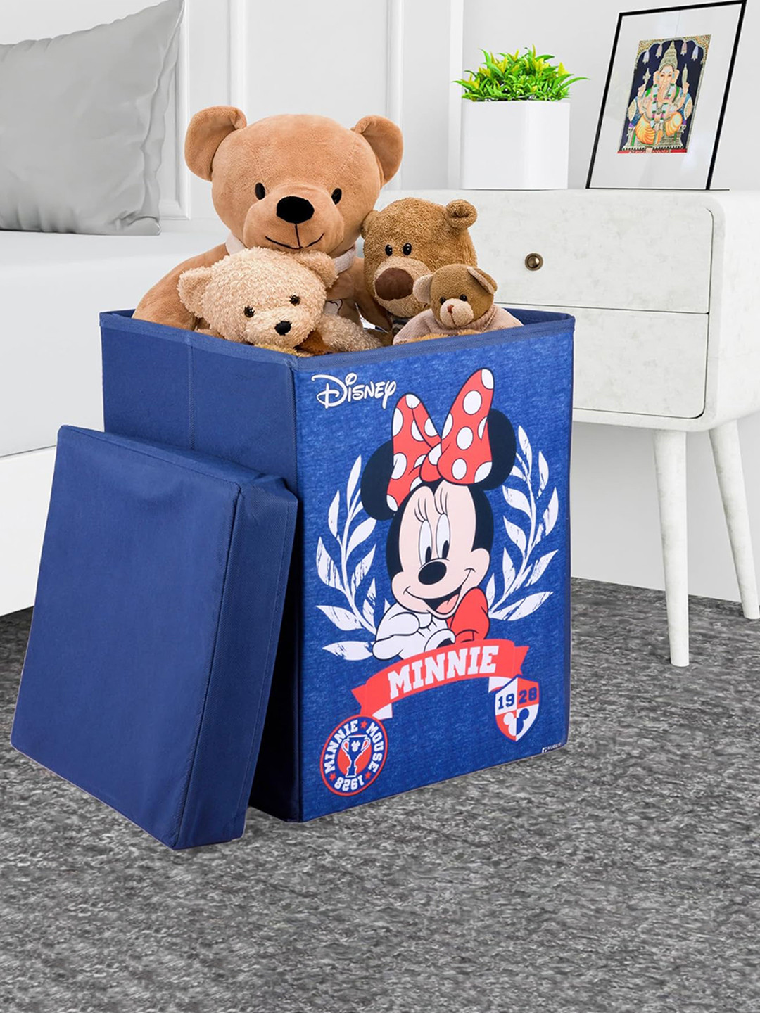 Kuber Industries Blue Minnie Mouse Printed Toy Storage Box with Lid & Handles 60L