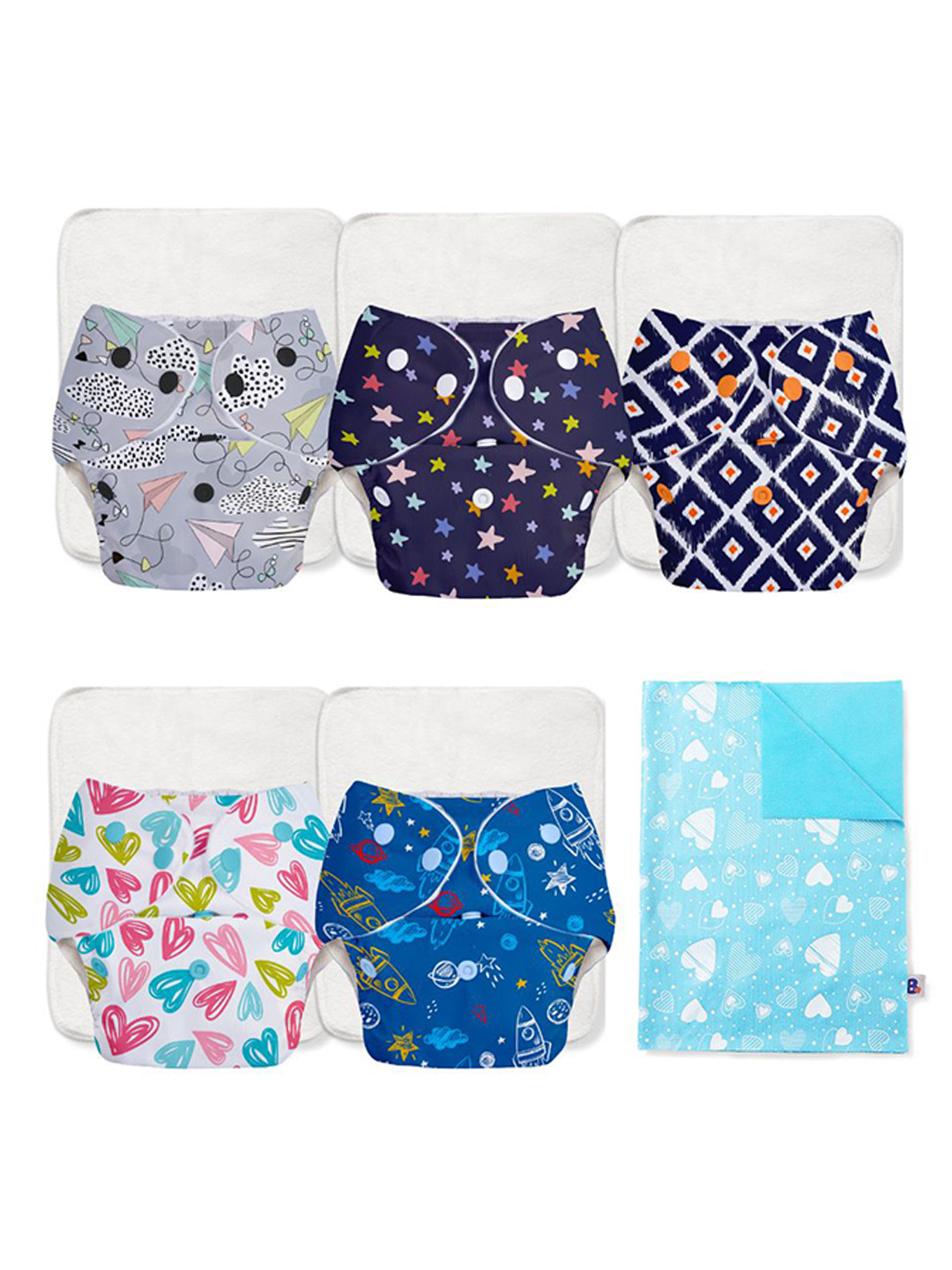SuperBottoms Set Of 5 Reusable Cloth Diaper & with Quick Dry Pads & 1 Protecting Mat