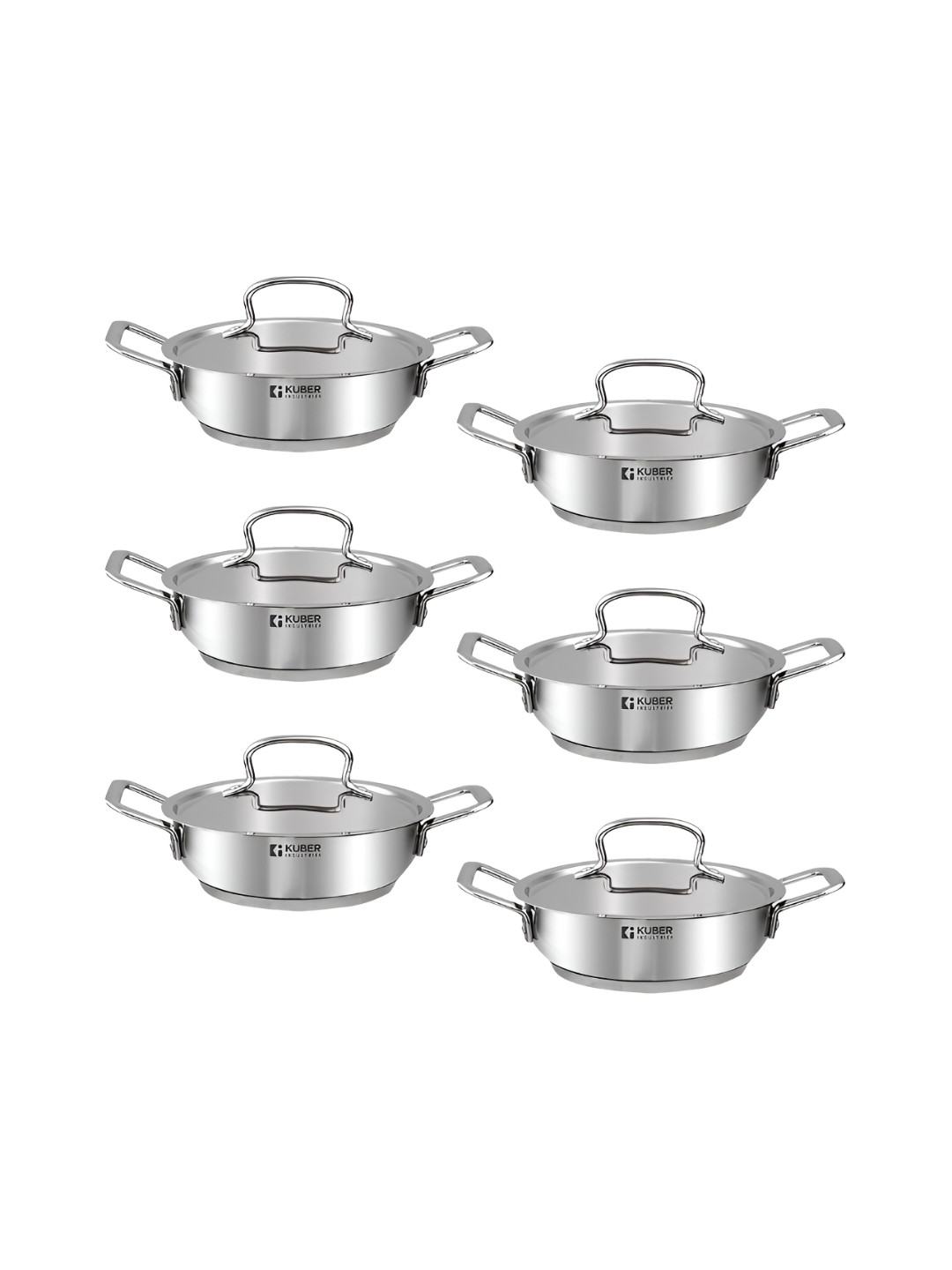 Kuber Industries Silver-Toned 6Pcs Stainless Steel Kadhais With lids Cookware
