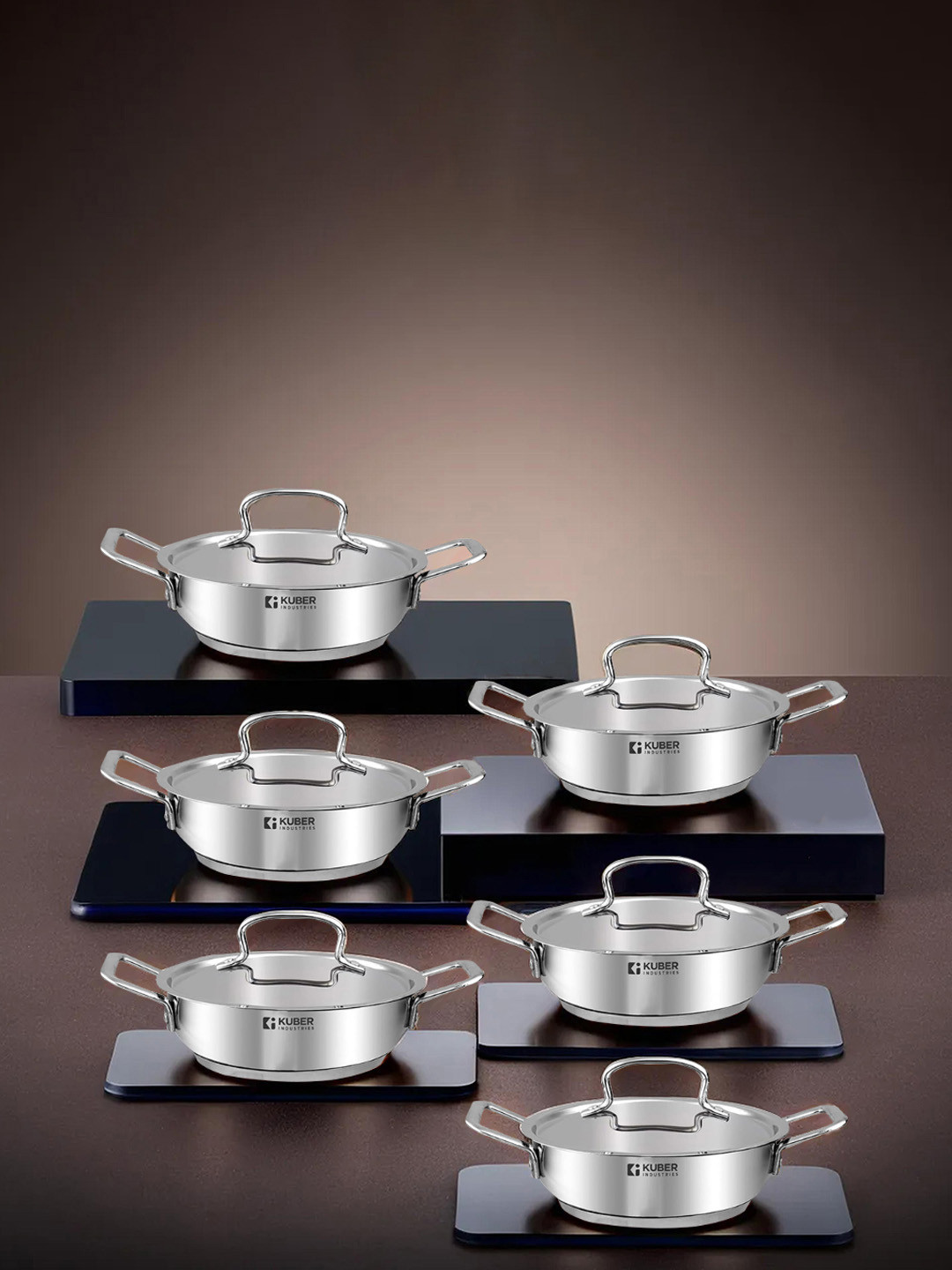 Kuber Industries Set of 6 Silver-Toned Stainless Steel Kadhai or Wok