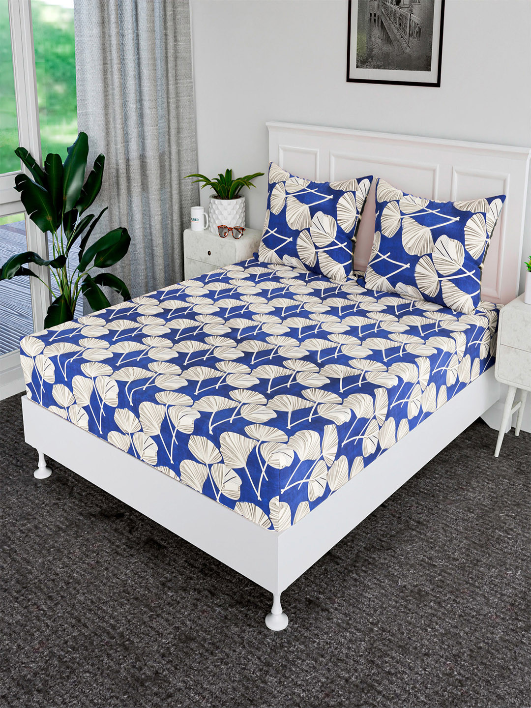Kuber Industries Blue Graphic Cotton Wrinkle Free 300 TC King Bedsheet with 2 Pillow Covers-59 x 87 inches
