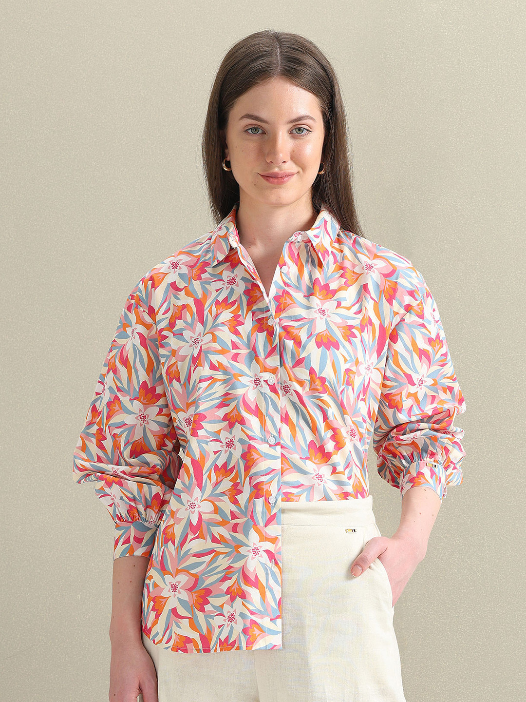 U.S. Polo Assn. Women Floral Printed Spread Collar Long Sleeves Pure Cotton Casual Shirt