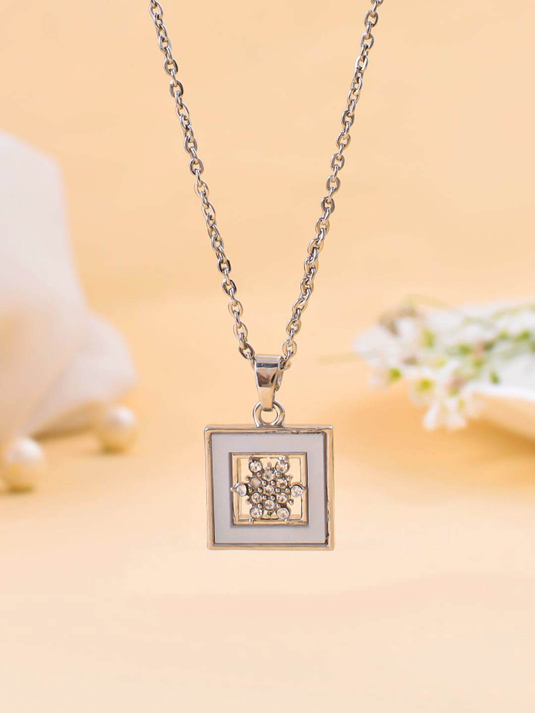 Silvermerc Designs Silver-Plated CZ Square Pendant With Chain