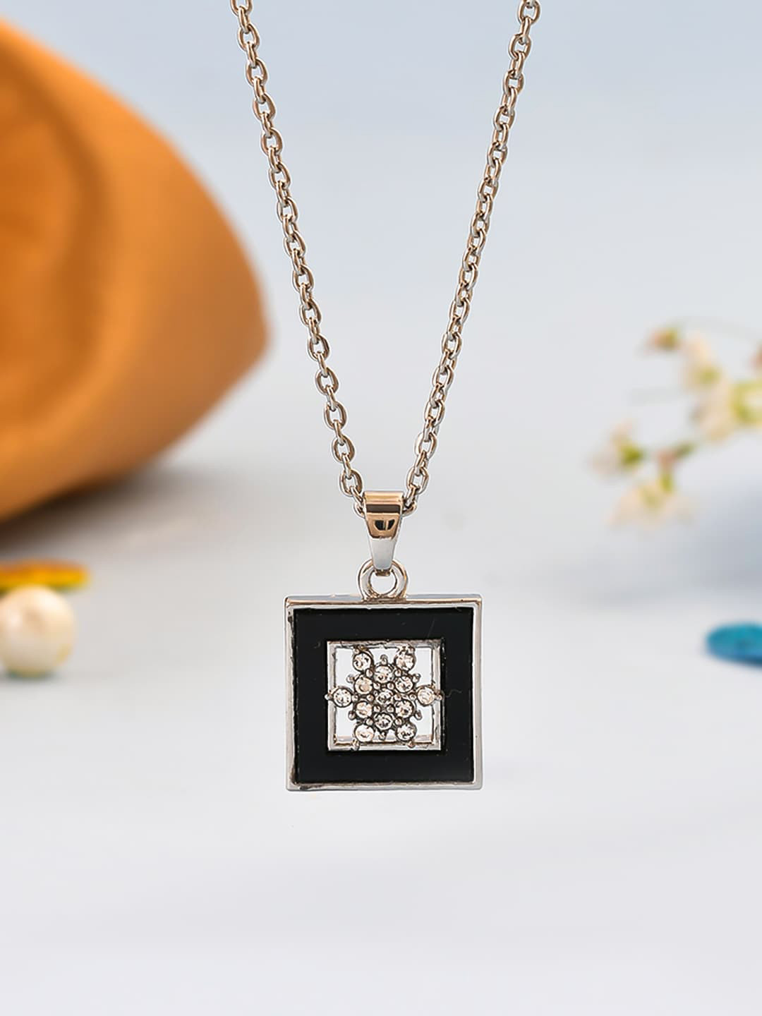Silvermerc Designs Silver-Plated CZ Square Pendant With Chain
