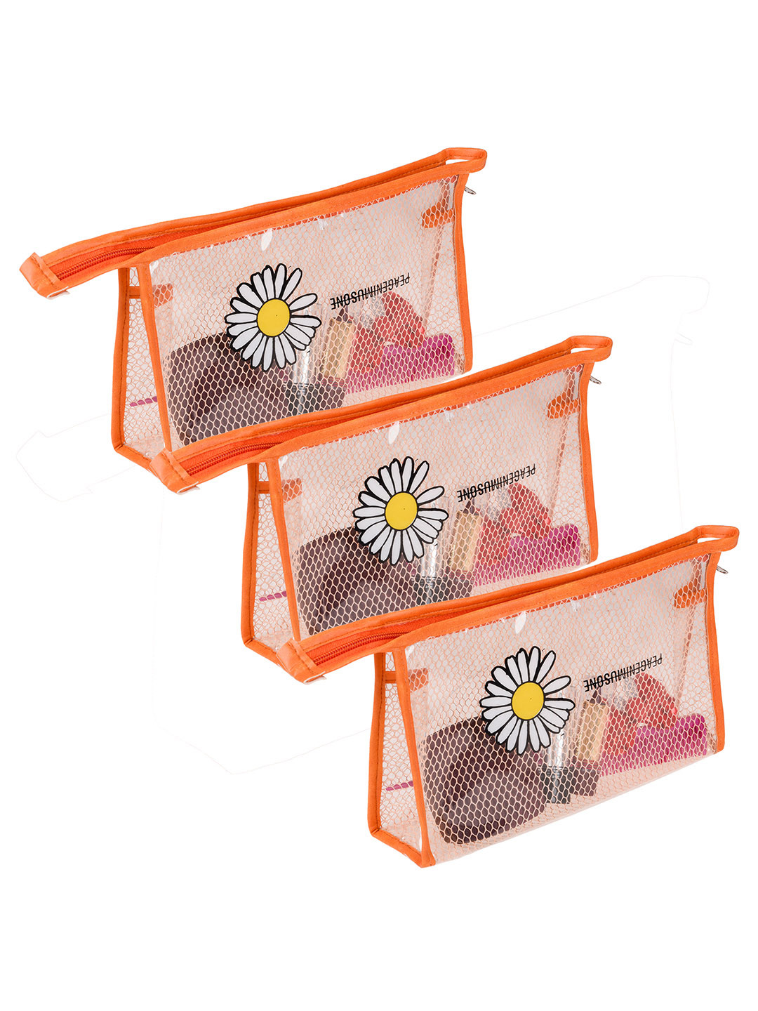 Kuber Industries Pack of 3 Orange Transparent Net Sunflower Toiletry Pouch