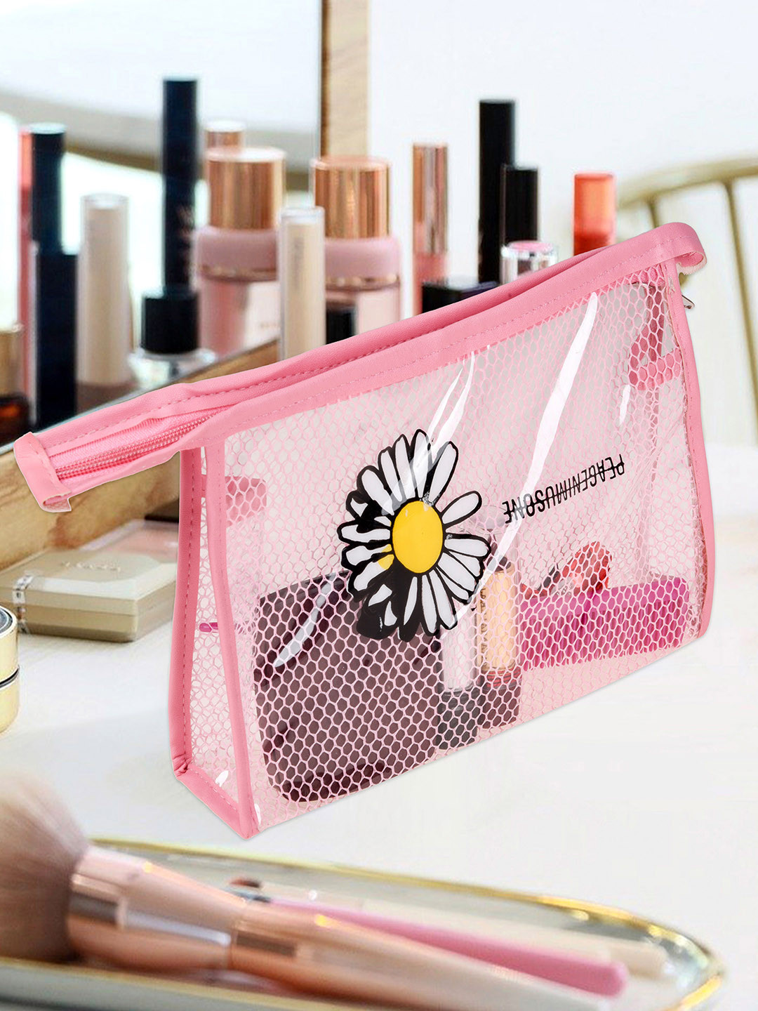 Kuber Industries Transparent Net Sunflower Toiletry Pouch