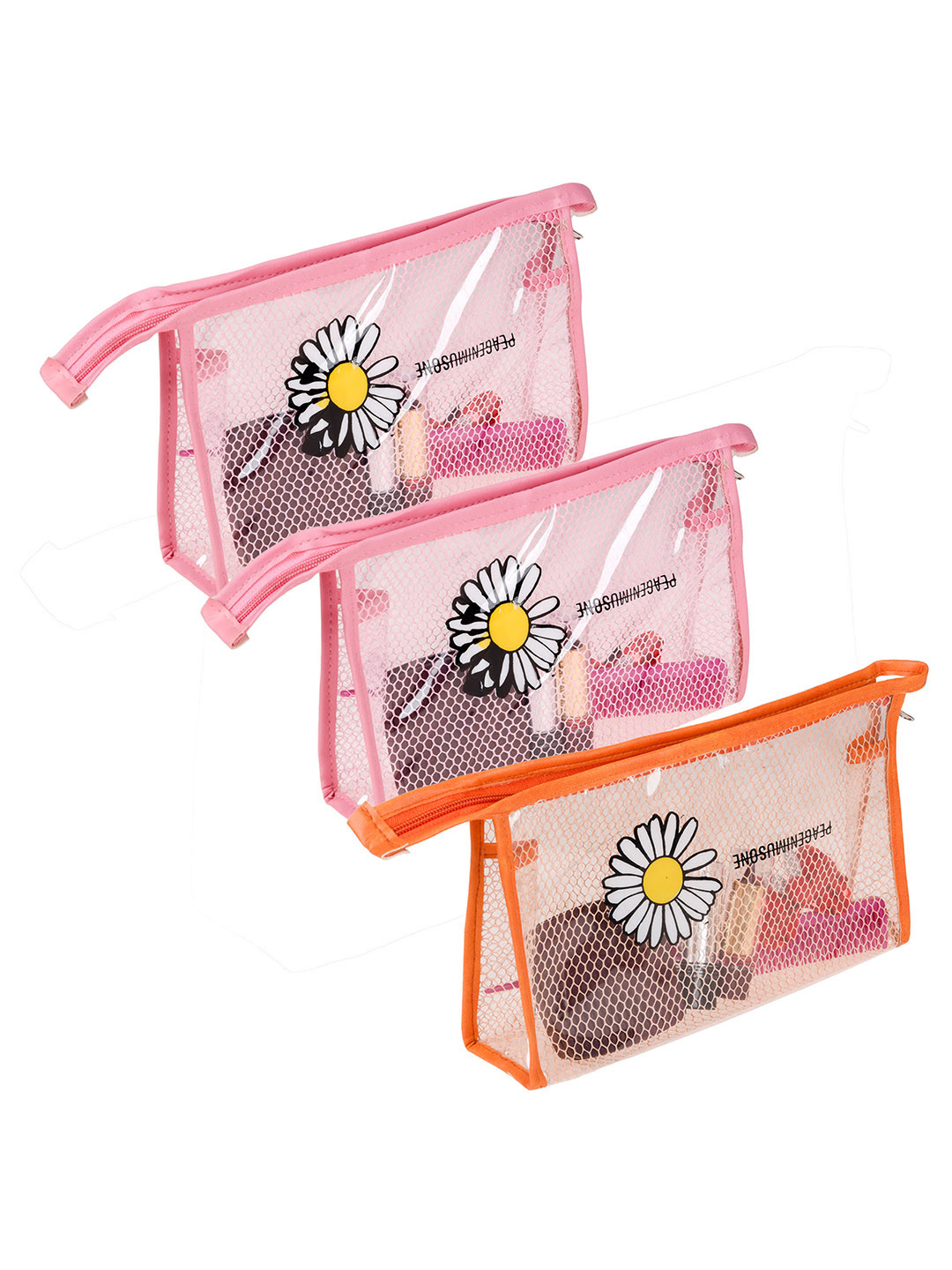 Kuber Industries Pack of 3 Transparent Net Sunflower Toiletry Pouch