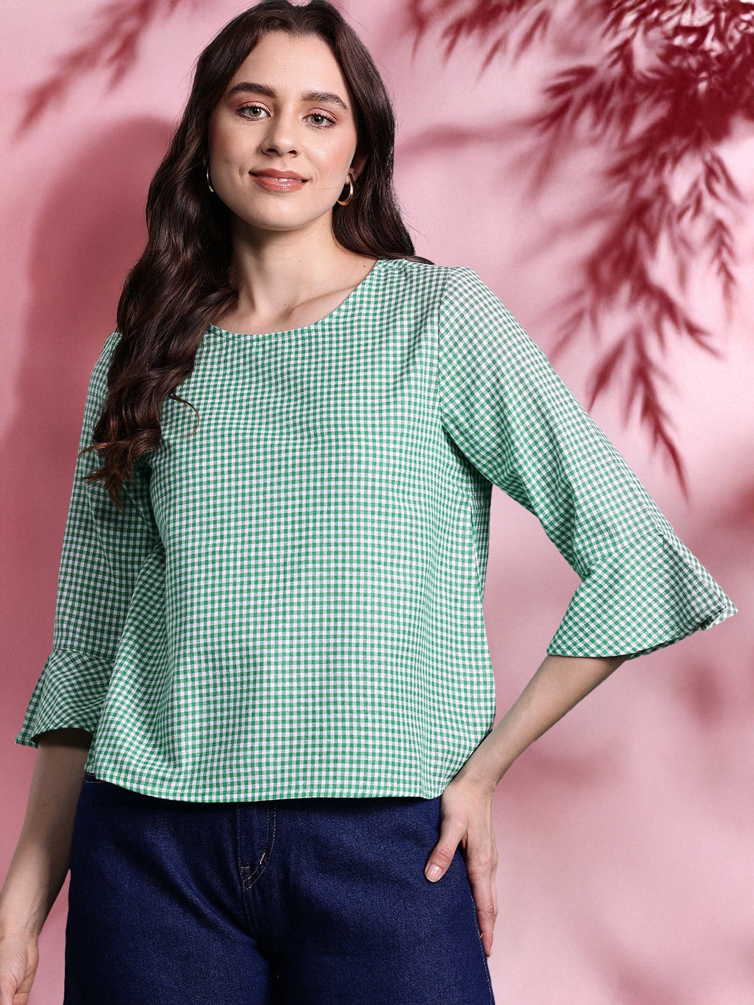 DressBerry Bizwear Checked Bell Sleeves Top