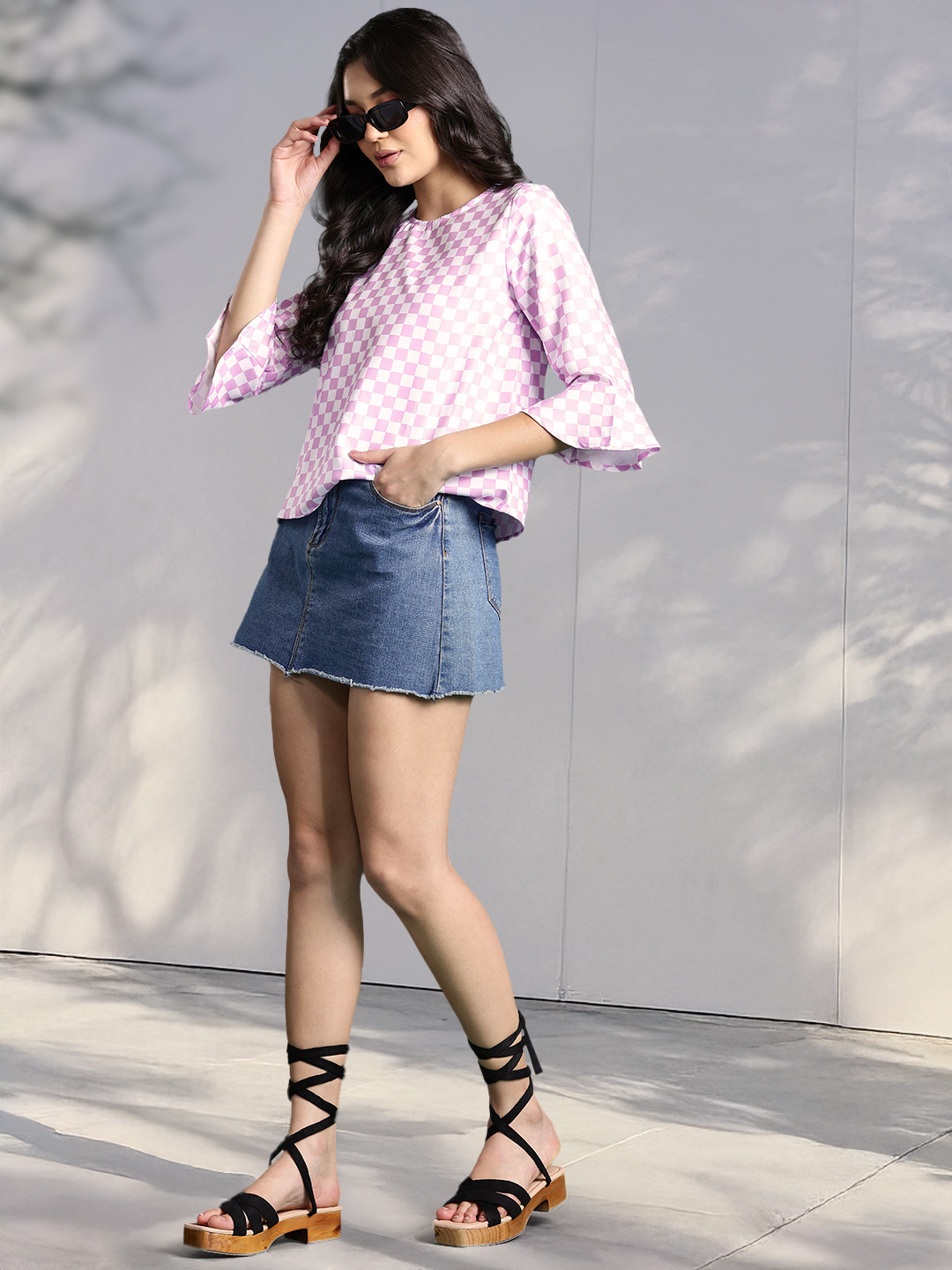 DressBerry Checked Bell Sleeves Back Tie-Up Top