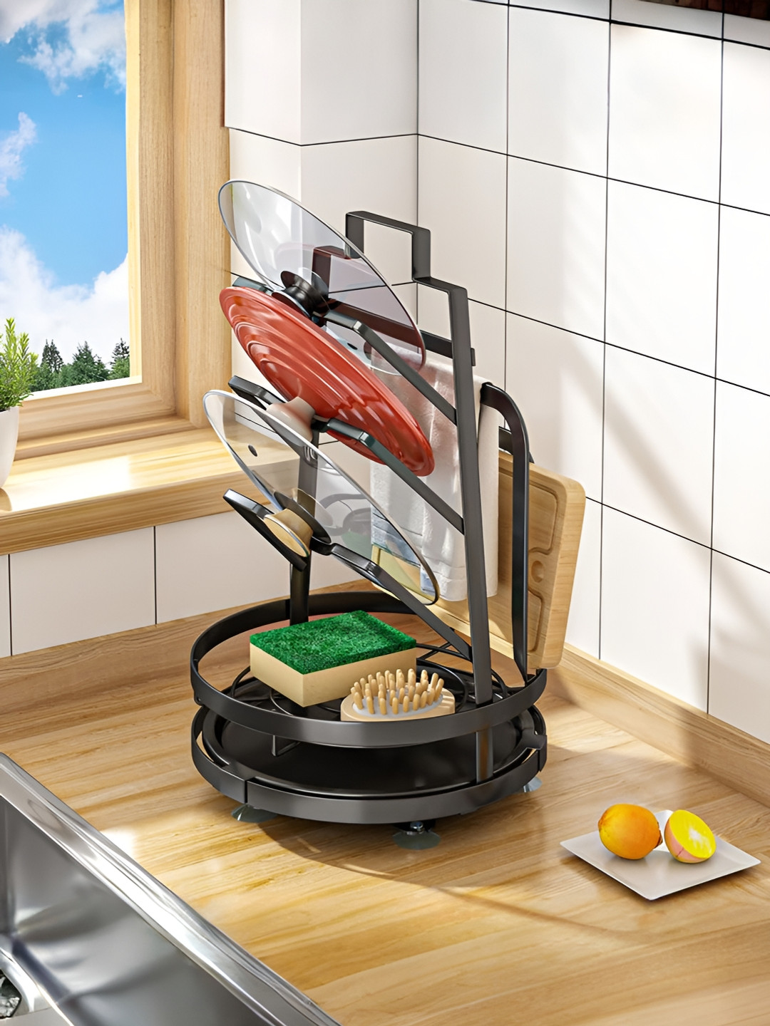 UMAI Black 360-Rotatable Lid Rag Holder with Drain Pan