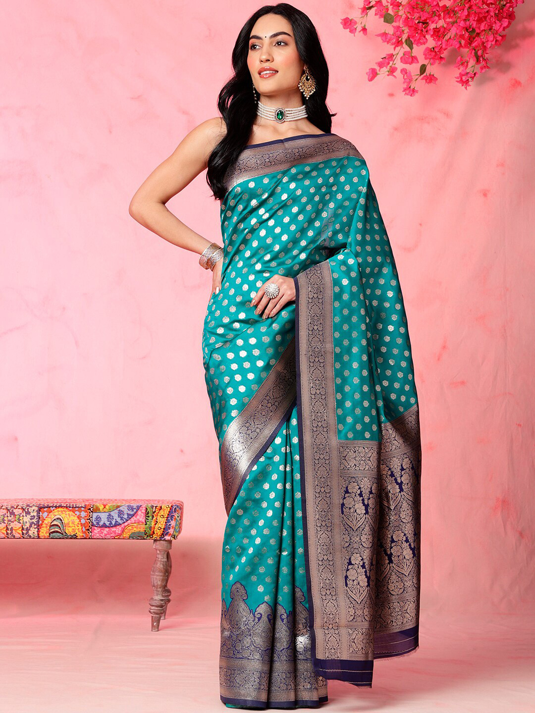 Anouk Rustic  Turquoise Blue Floral Woven Design Zari Banarasi Saree