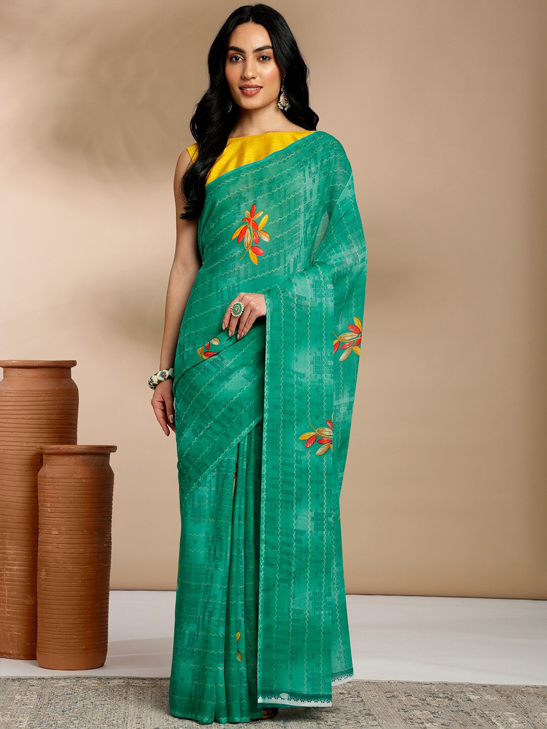 Anouk Rustic Sea Green Floral Printed Poly Georgette Saree