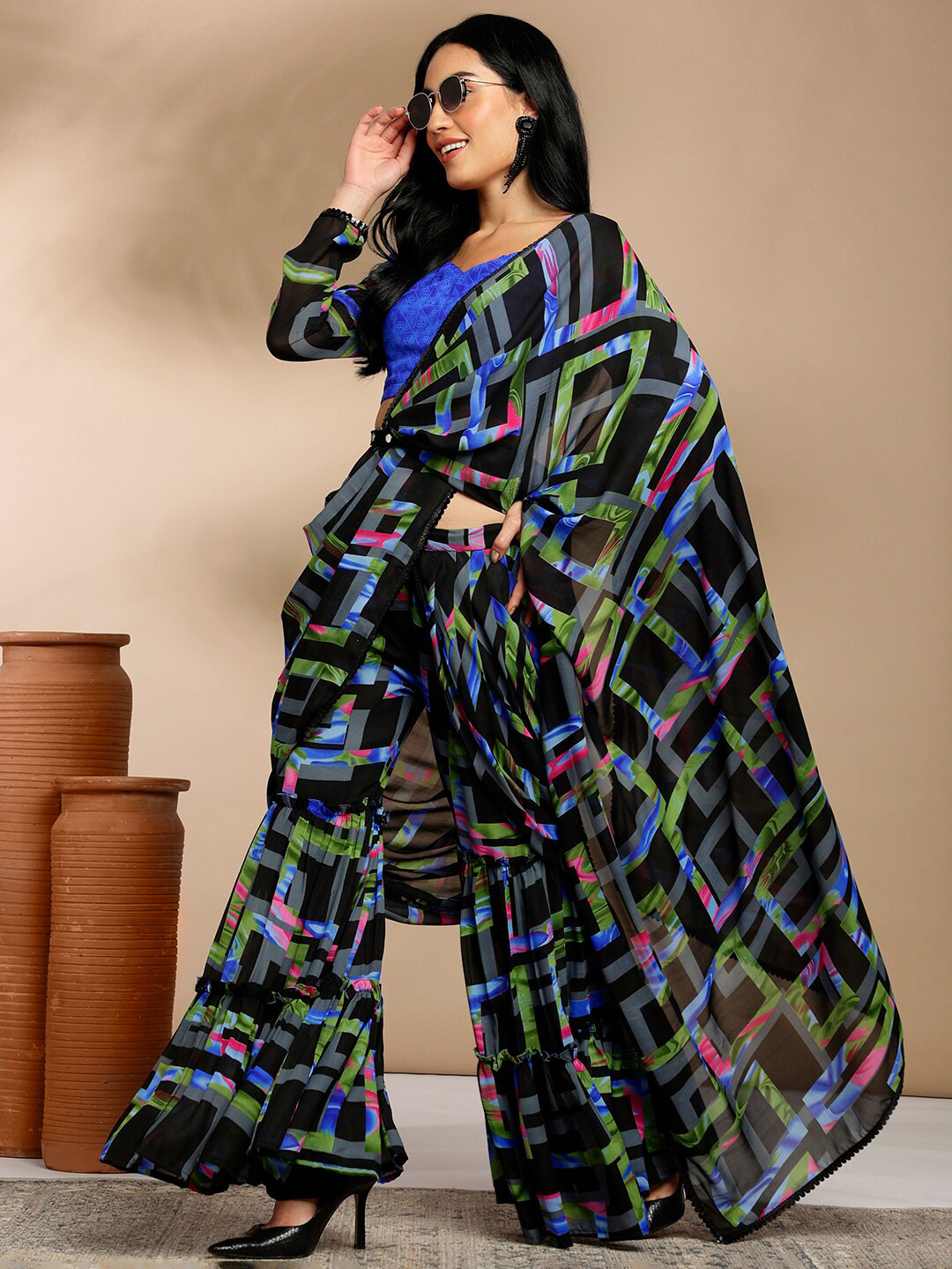 Anouk Rustic  Black Printed Pure Georgette Ready to Wear Saree With Sharara & Attached Dupatta