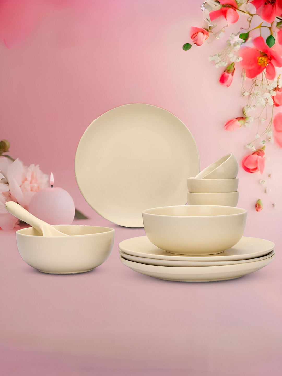 UMAI Off White Solid Ceramic Stain Free 11 Piece Dinner Set