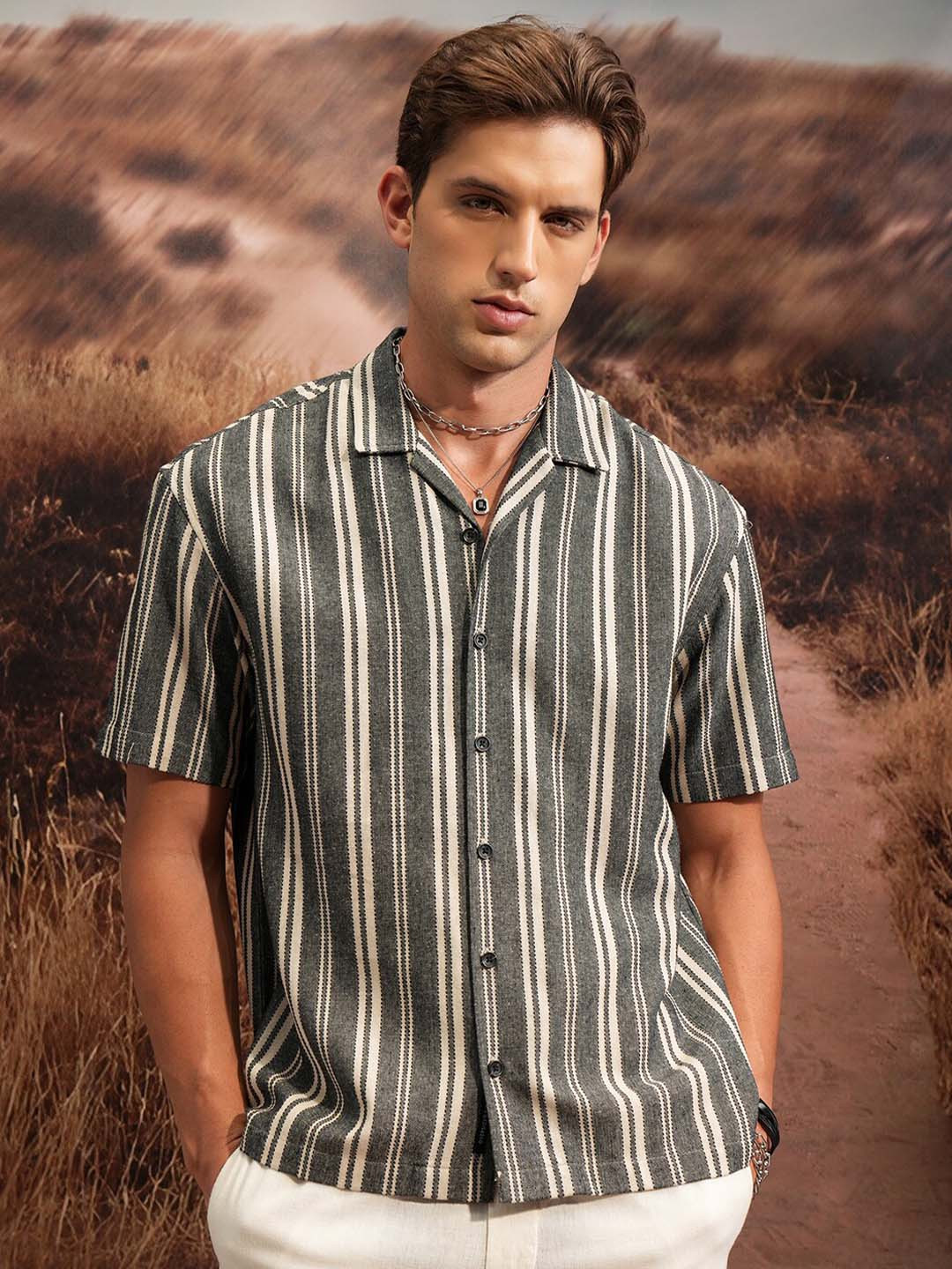 LOCOMOTIVE Premium Natural Yarn Dobby Textured Striped Cuban Collar Oversized Shirt