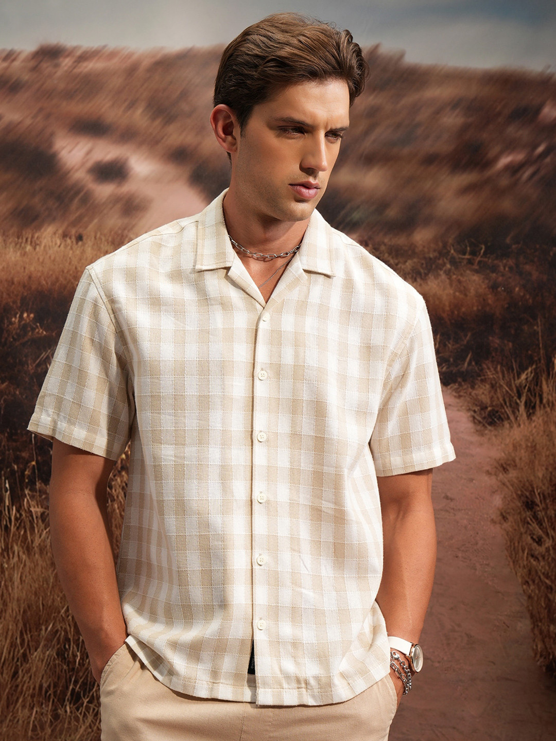 Locomotive Premium Premium Men Textured Checked Cuban Collar Oversized Shirt