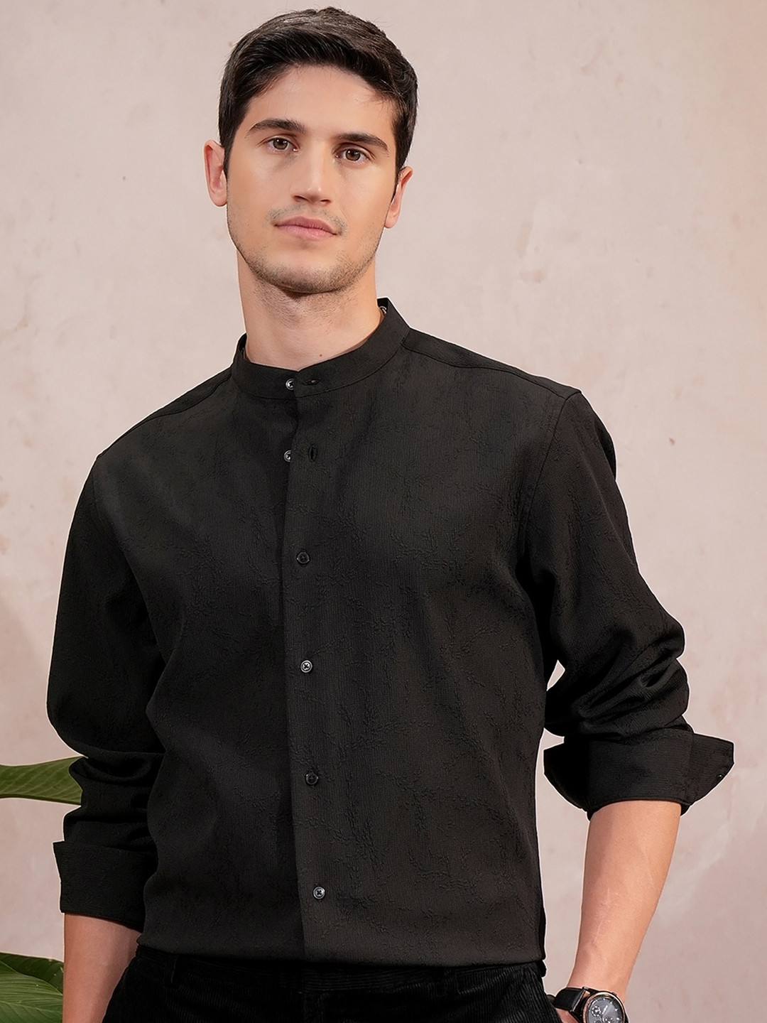 Locomotive Luxe Men Popcorn Textured Mandarin Collar Evening Party Shirt
