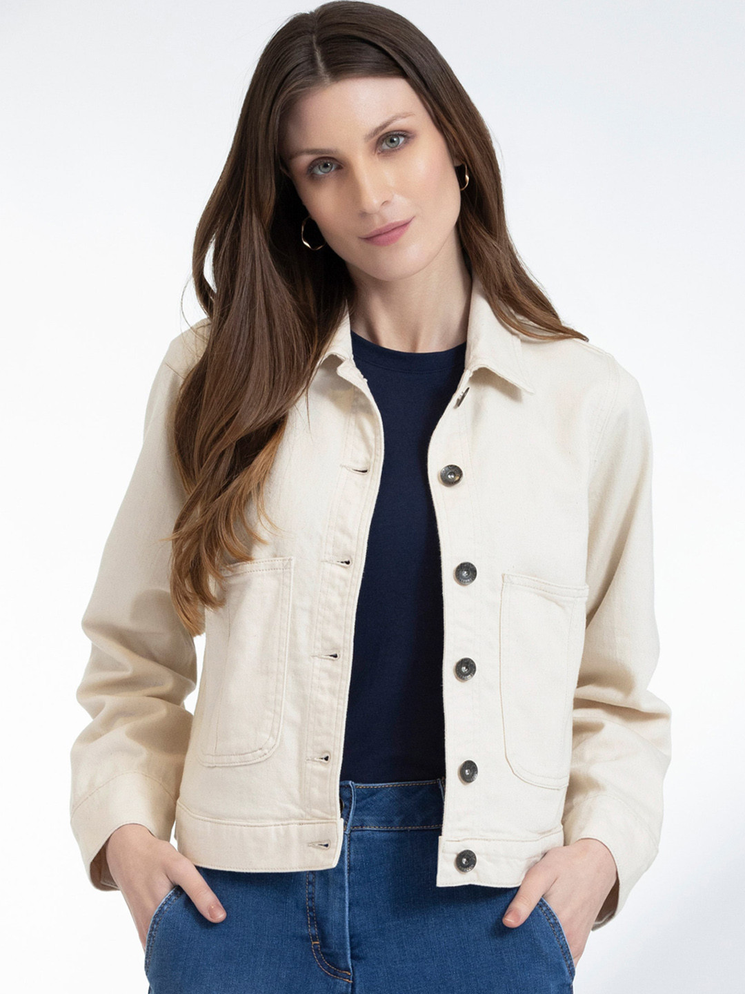 B.Copenhagen Women Crop Denim Jacket with Patchwork