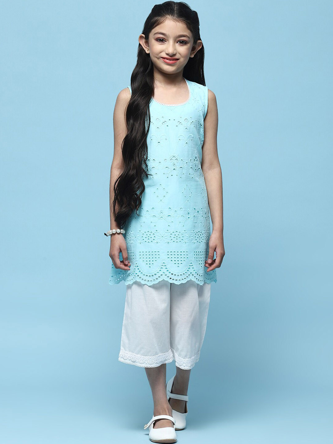 Biba Girls Self Design Round Neck Scalloped Pure Cotton Straight Kurta with Palazzos