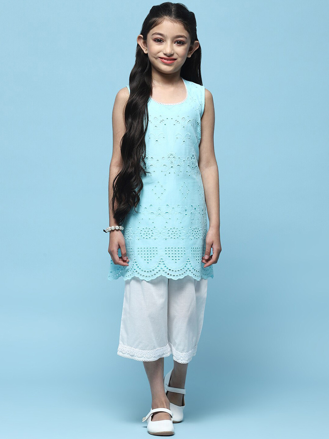 Biba Girls Self Design Round Neck Scalloped Pure Cotton Straight Kurta with Palazzos