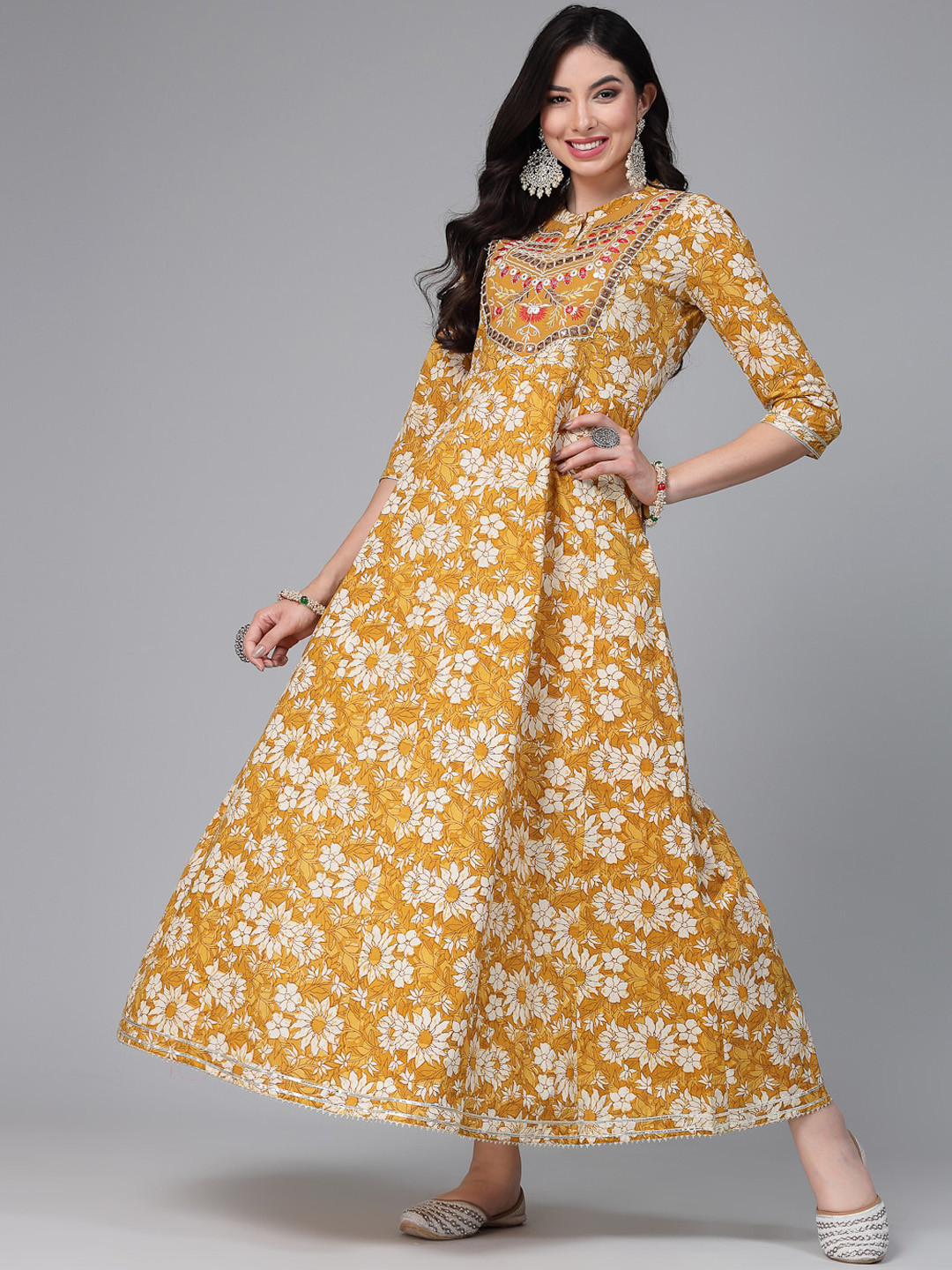 Stylum Mustard Floral Printed Pure Cotton Mirror Work Fit & Flare Ethnic Dresses
