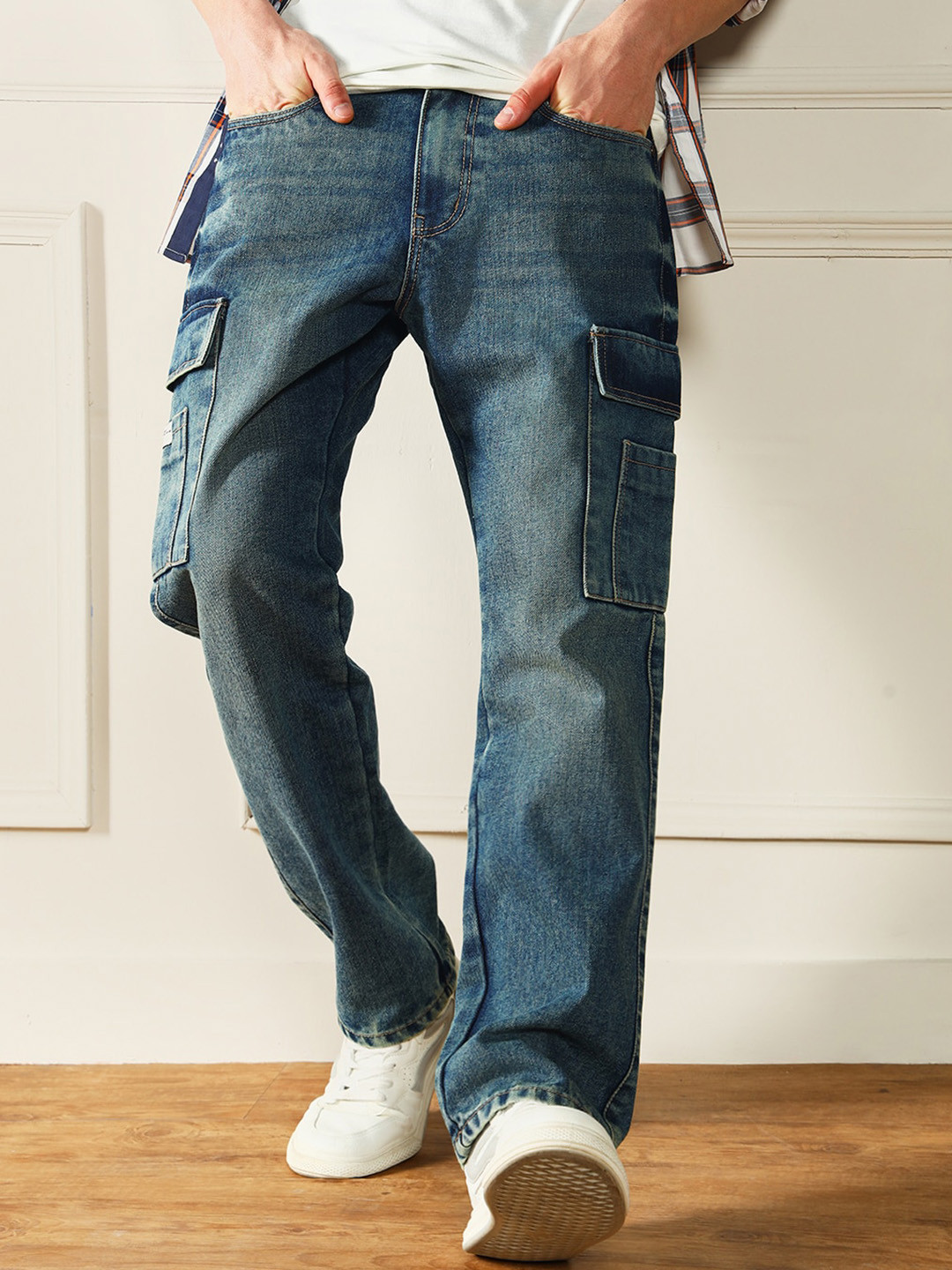Dennis Lingo Men Relaxed Fit Light Fade Cargo Denim