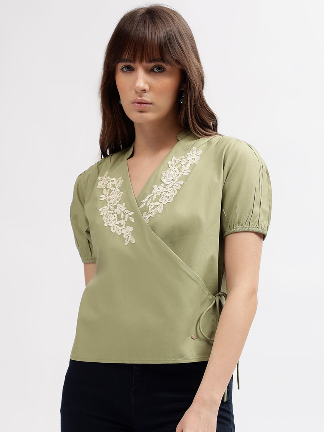 ELLE Lace Inserts Detailed Puff Sleeves Pure Cotton Wrap Top