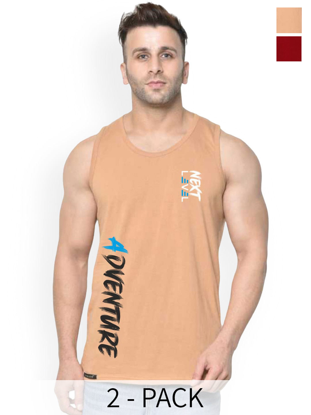 SLOWLORIS Pack Of 2 Printed Bio-Wash Combed Cotton Gym Vests