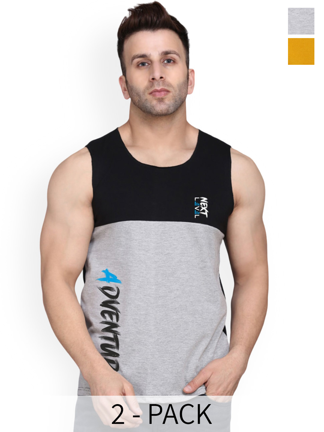 SLOWLORIS Pack Of 2 Printed Bio-Wash Gym Vests SL26 SL26 (MUSTARD KEEP) (BLACKGREY ADV)