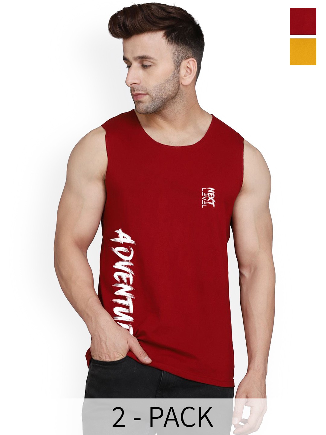 SLOWLORIS Pack Of 2 Printed Bio-Wash Innerwear Vests SL26 (MUSTARD KEEP) (MAROON ADV)