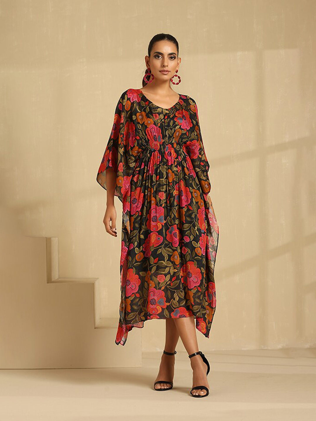 indy Raaga Floral Print Chiffon A-Line Midi Dress