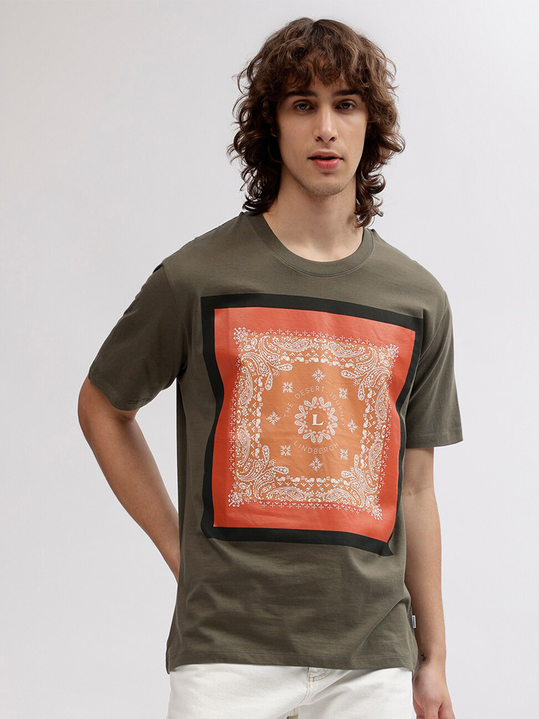 LINDBERGH Men Olive Green Printed Round Neck Short Sleeves T-shirt
