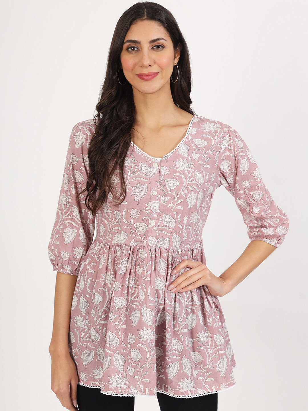 Divena Floral Print Cotton Cinched Waist Top