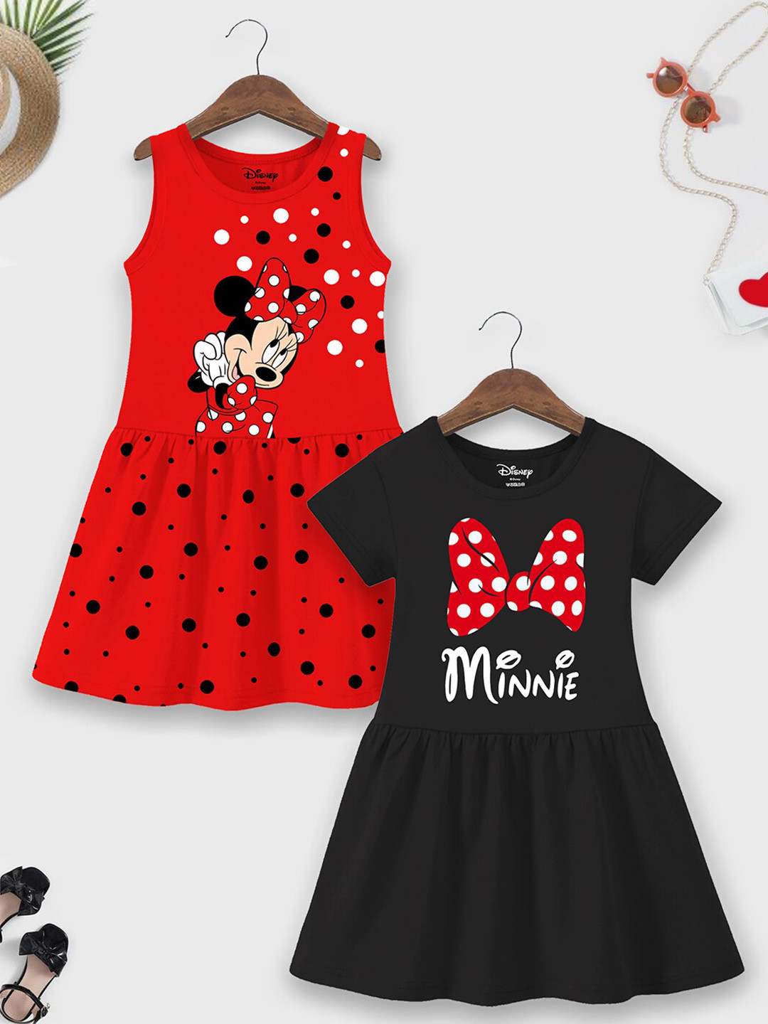 YK Disney Girls Pack Of 2 Minnie Mouse Printed Gathered Cotton A-Line Dresses