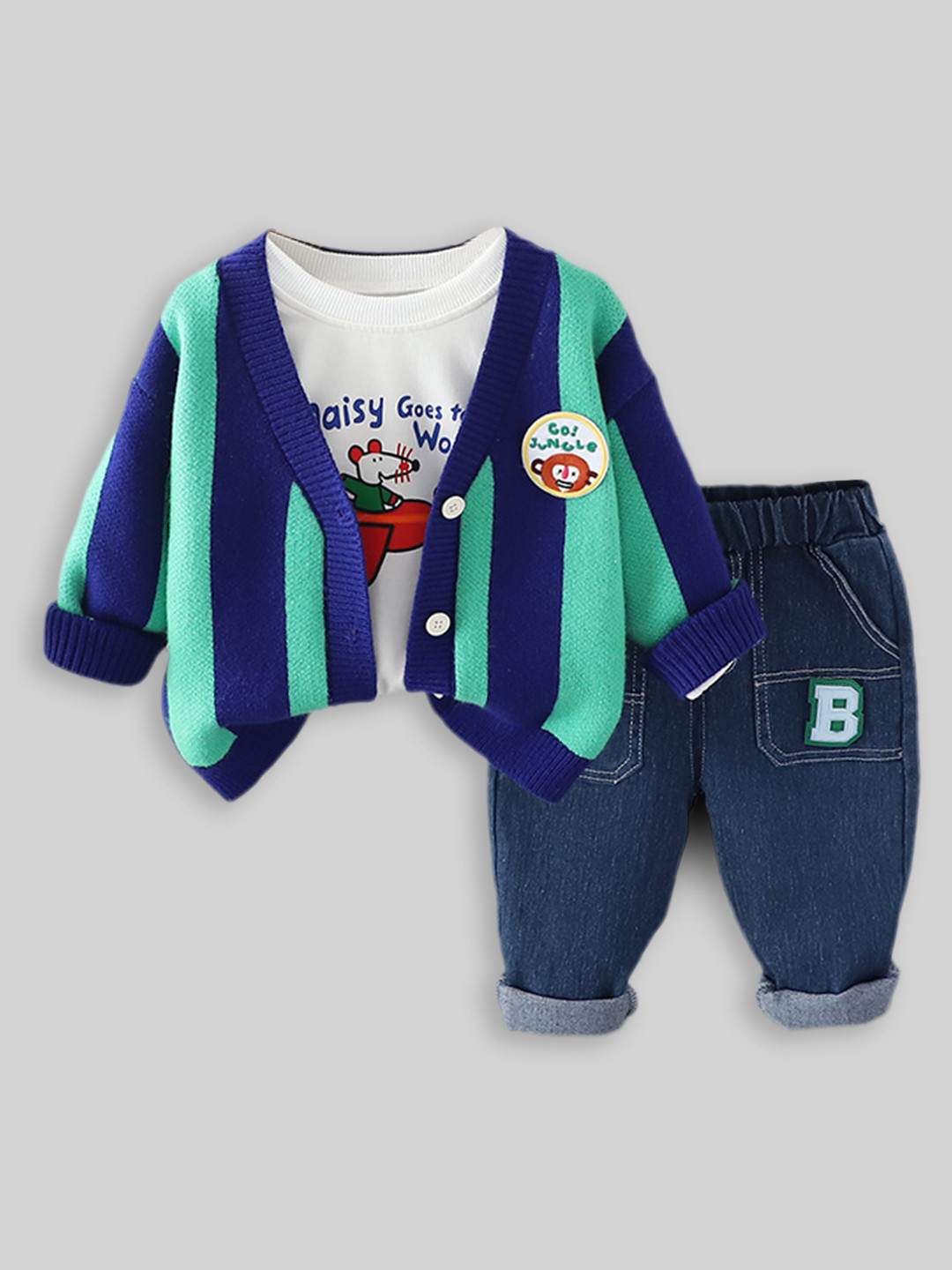 INCLUD Striped Cardigan T-Shirt with Trousers
