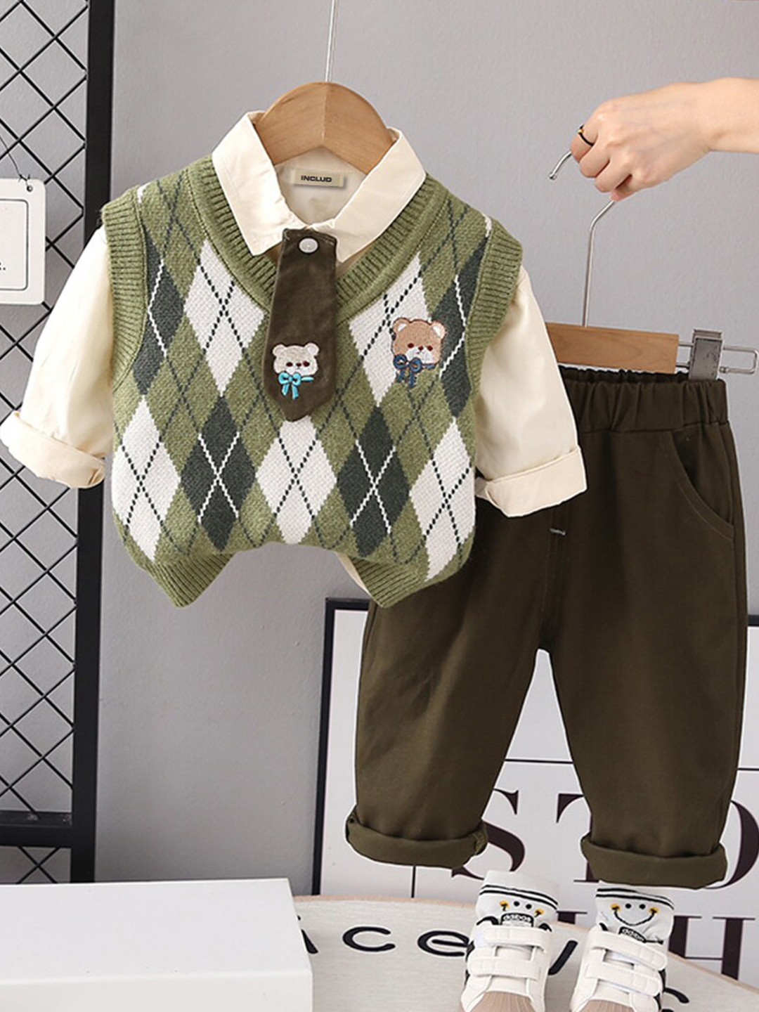 INCLUD Boys Printed Sweater With Shirt & Trousers