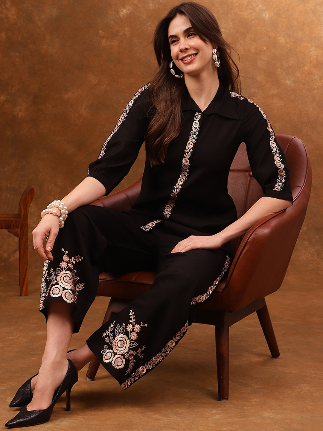 Anouk Black Embroidered Tunic With Trousers Co-Ords