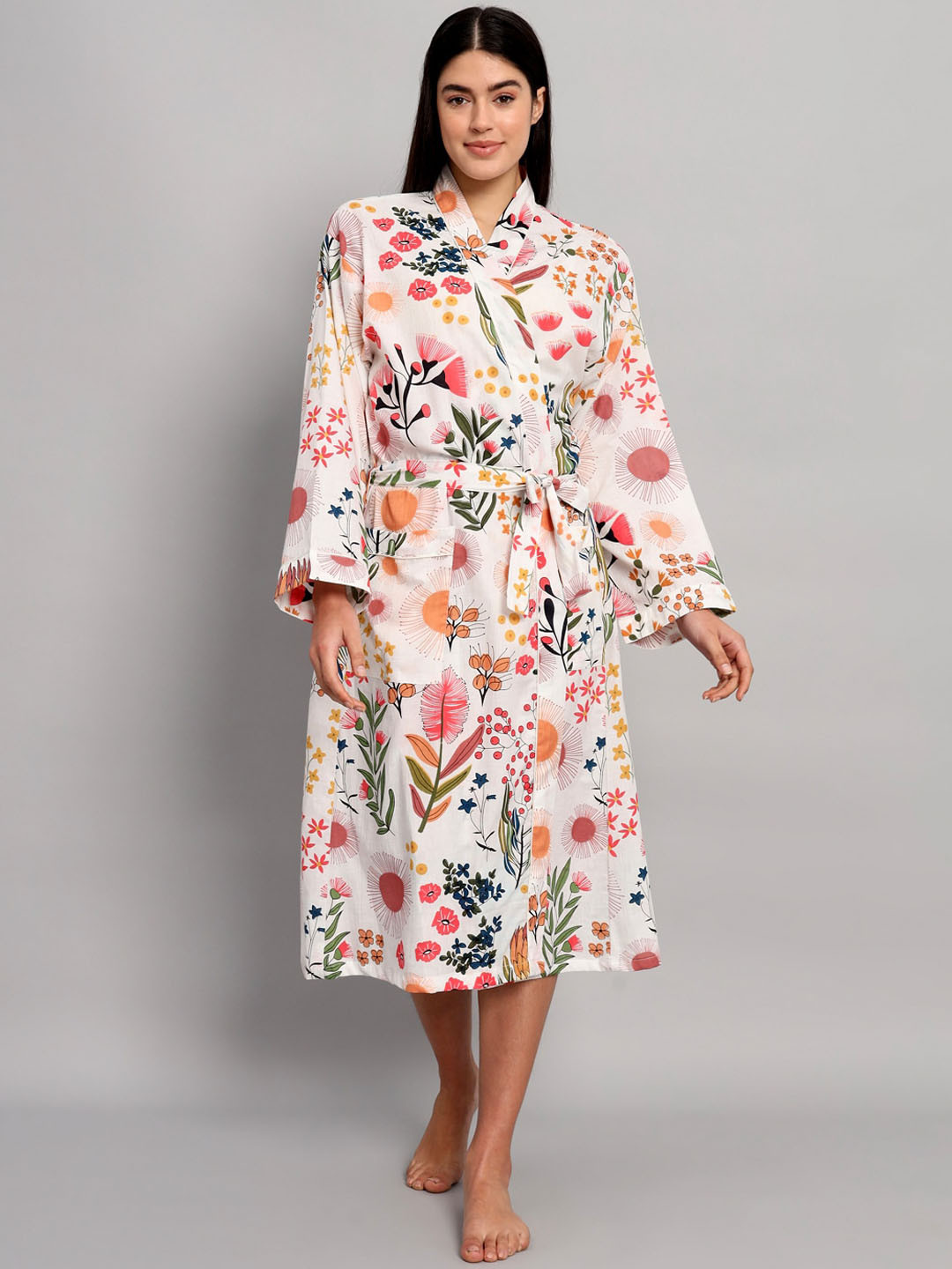 HANDICRAFT PALACE White Floral Cotton Drawstring Midi Bath Robe-S