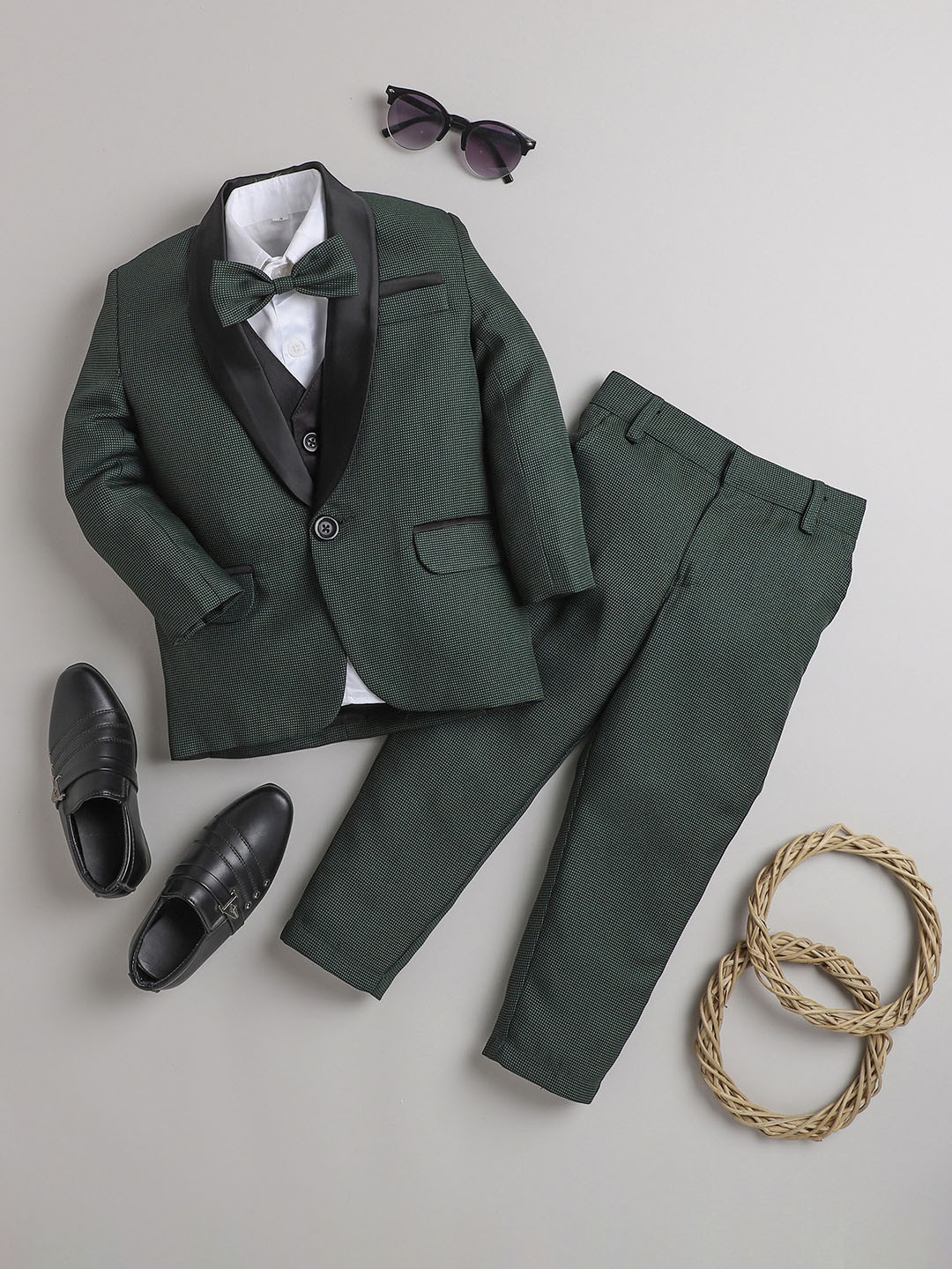 Jeetethnics Infant Boys Self-Design 4 Piece Silk Cotton Suit WIth Bow