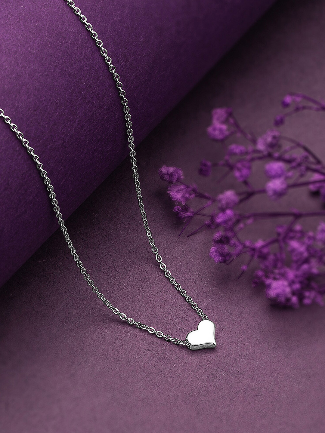 SILBERRY 925 Sterling Silver Rhodium-Plated Pebble Heart Pendant with Chain