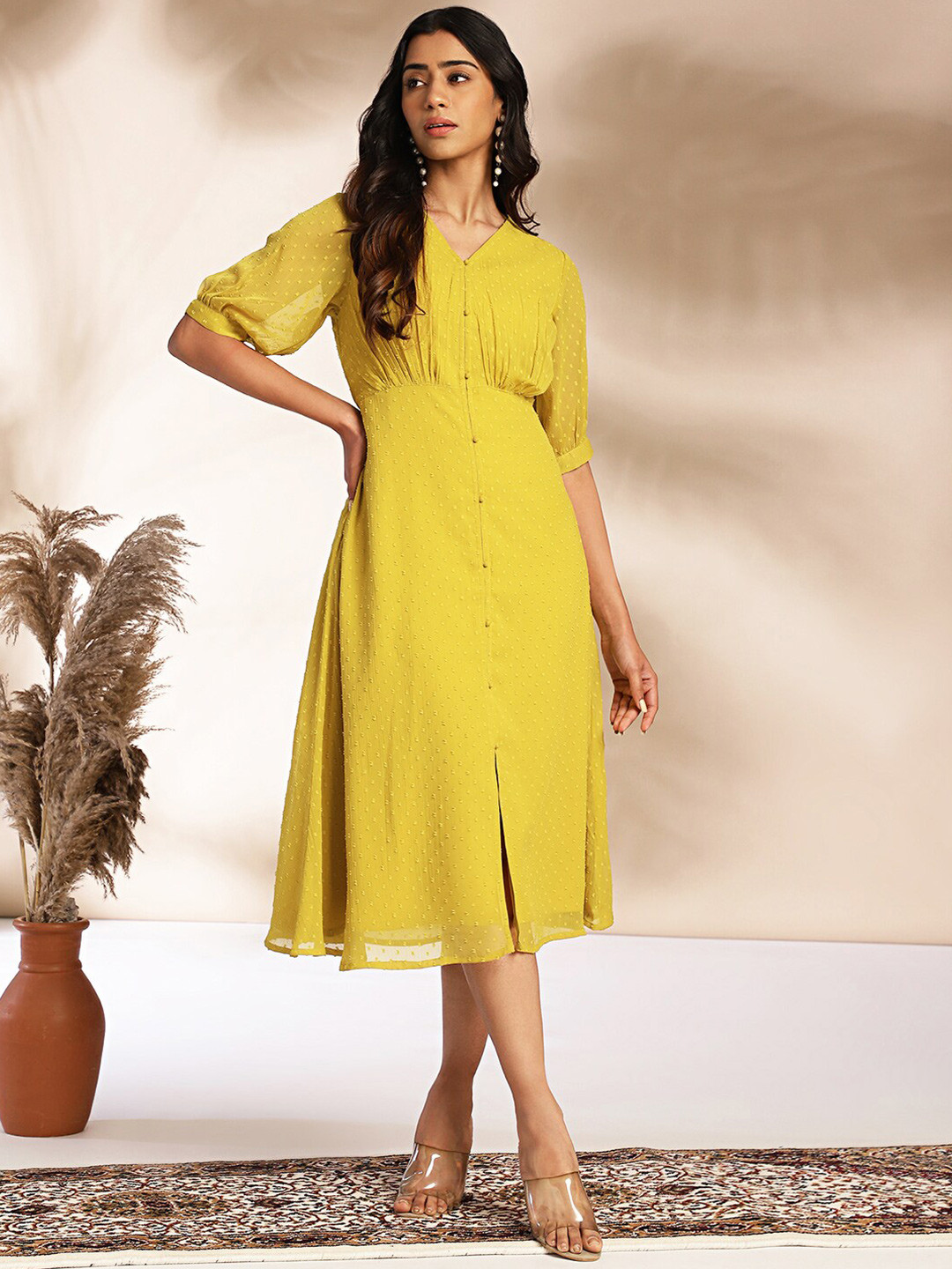 KALINI Chiffon V-Neck Short Sleeves A-Line Midi Dress