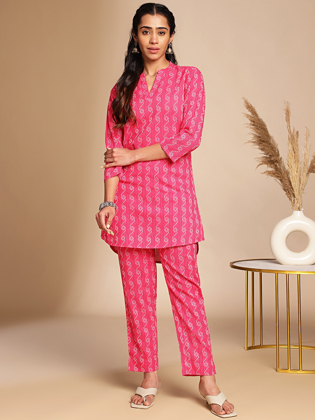 KALINI Janasya Women's Pink Cotton Woven Design Regular Co-ord Set