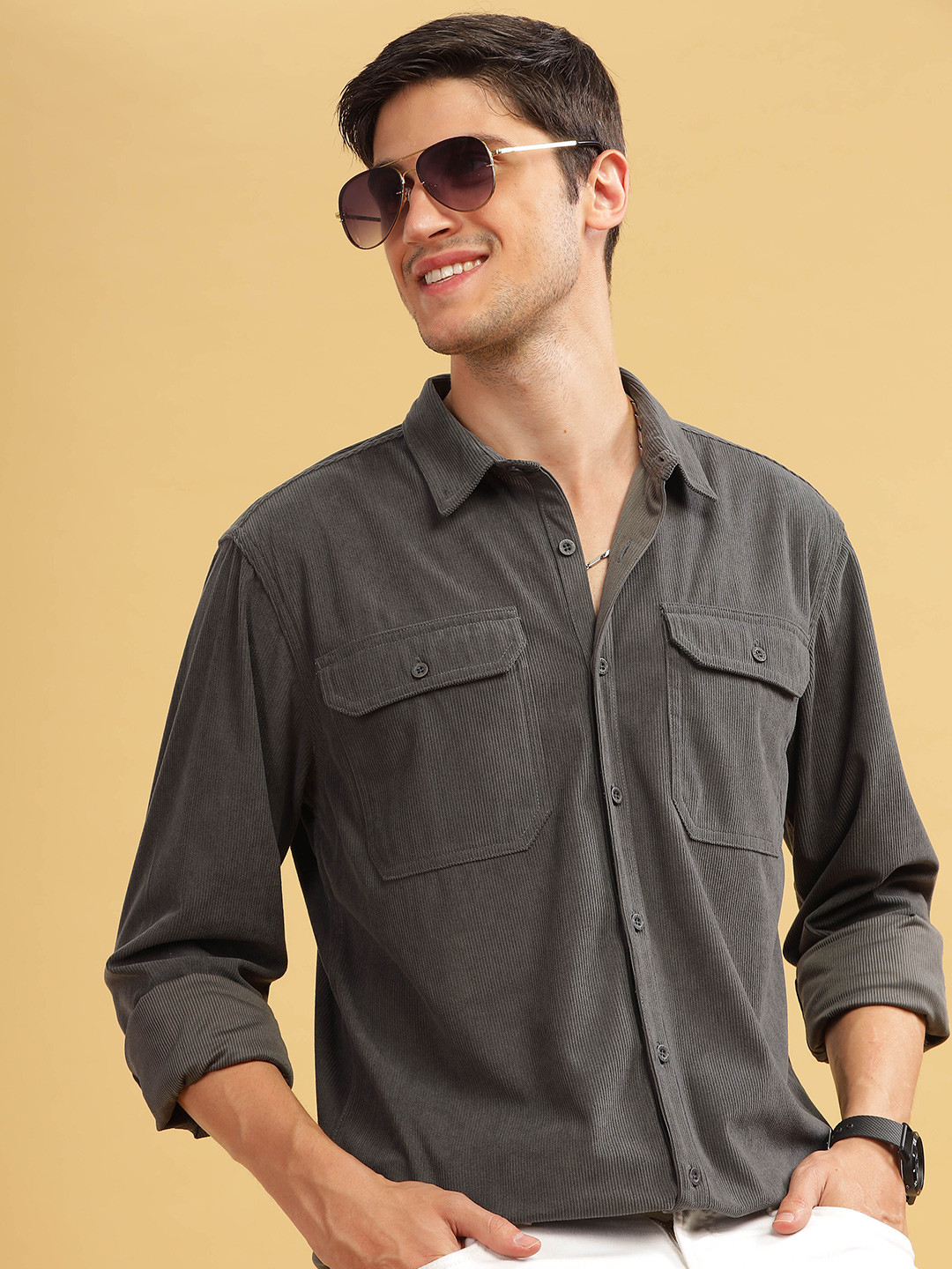 HERE&NOW Grey Spread Collar Curved Casual Shirt