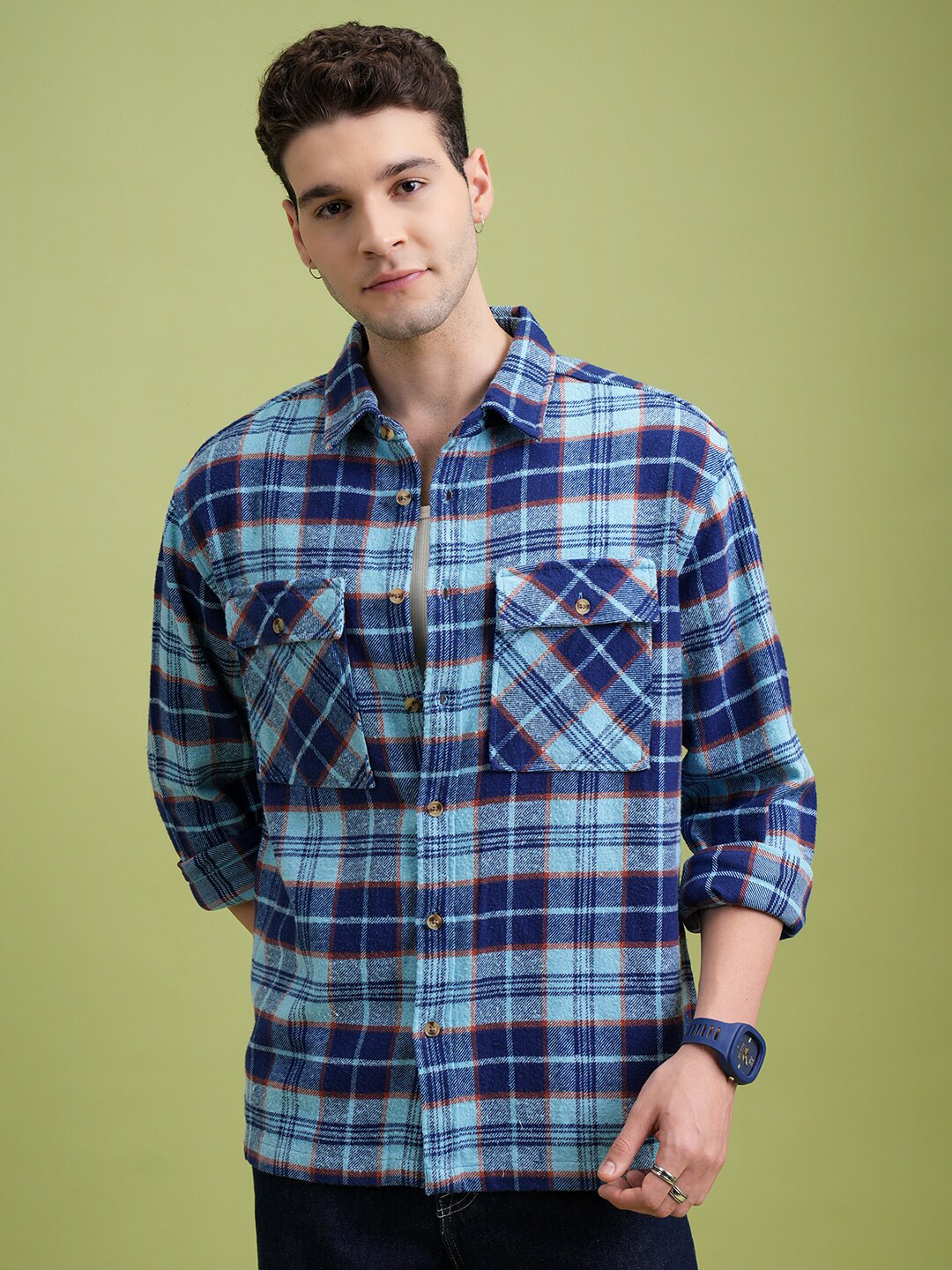 Highlander Men Oversized Double Flap Pocket Flannel Overshirt